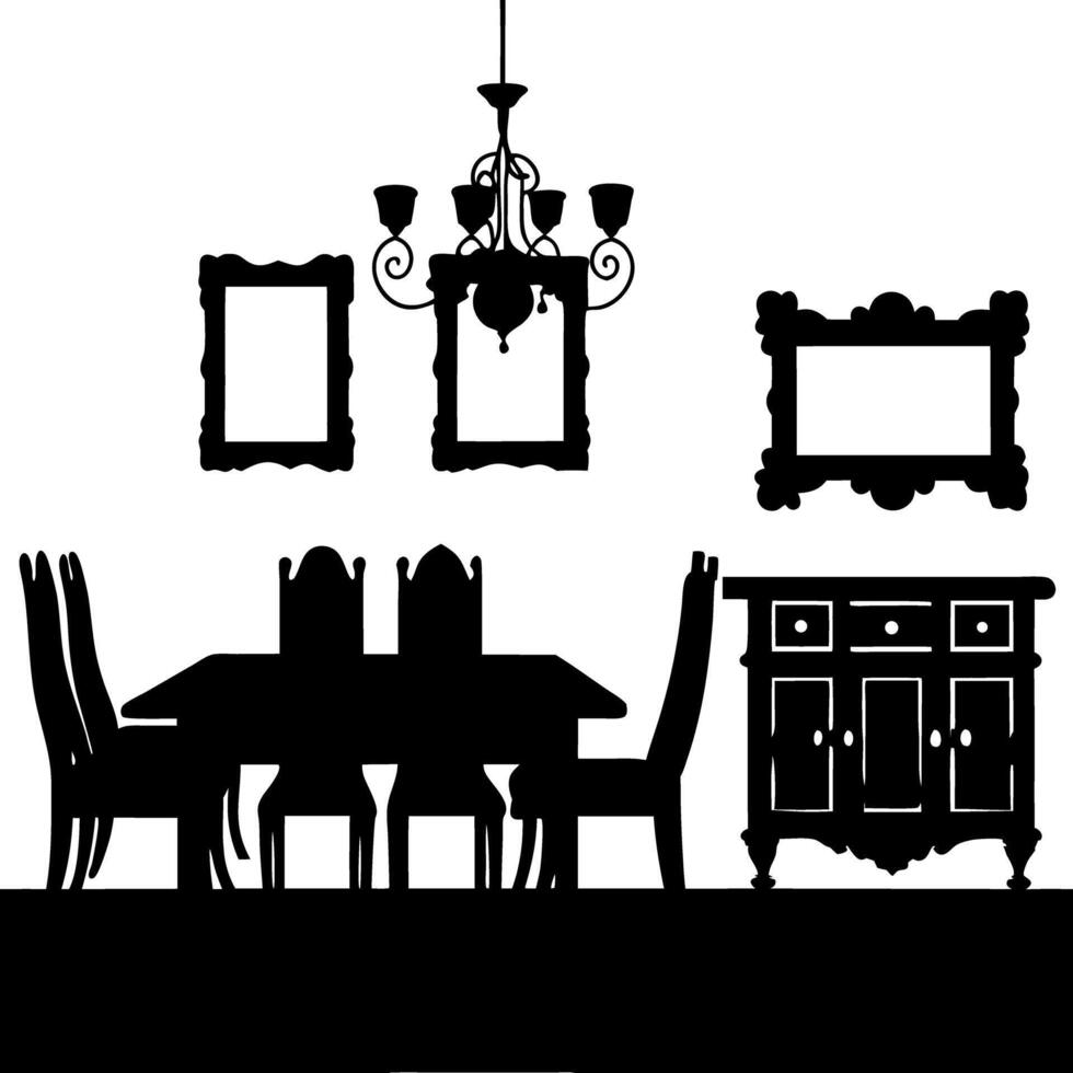 Dining Room Interior Silhouette Table, Chairs, Frames, Chandelier, Cabinet, Black vector