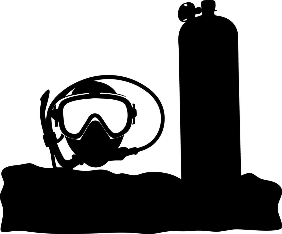 Diving Gear Silhouette Mask, Snorkel, Oxygen Tank on Seascape, Isolated on White vector