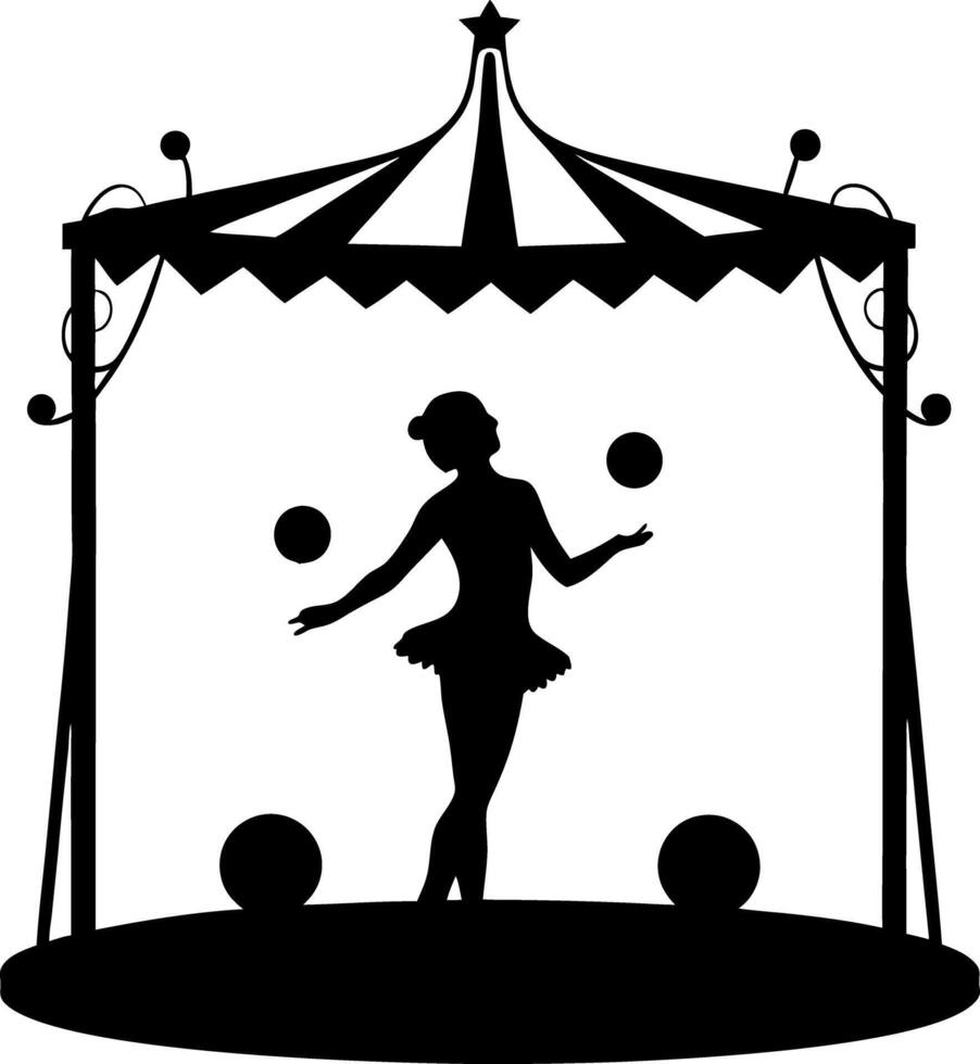 Circus Ballerina Silhouette with Canopy, Juggling Balls, Performance Art, Stage Show vector