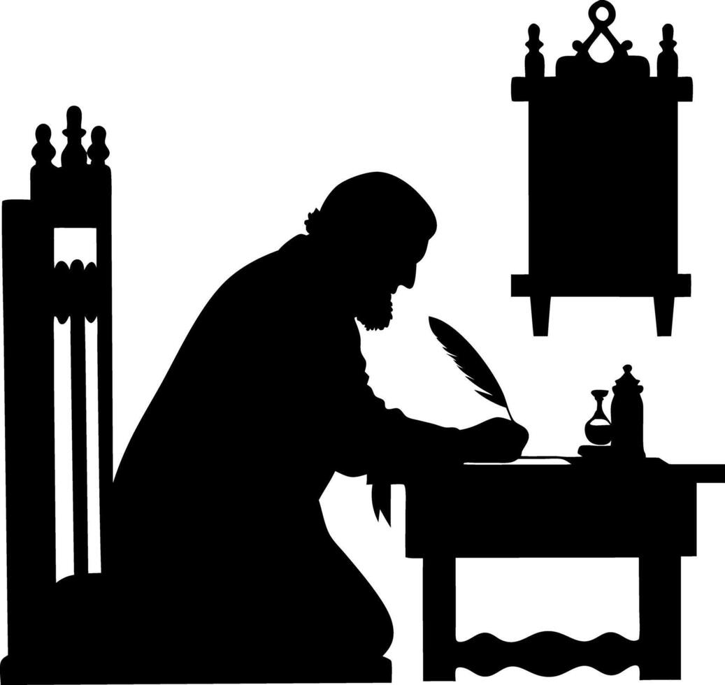 Silhouette of MiddleAged Man Writing with Quill at Desk with Antique Furniture vector