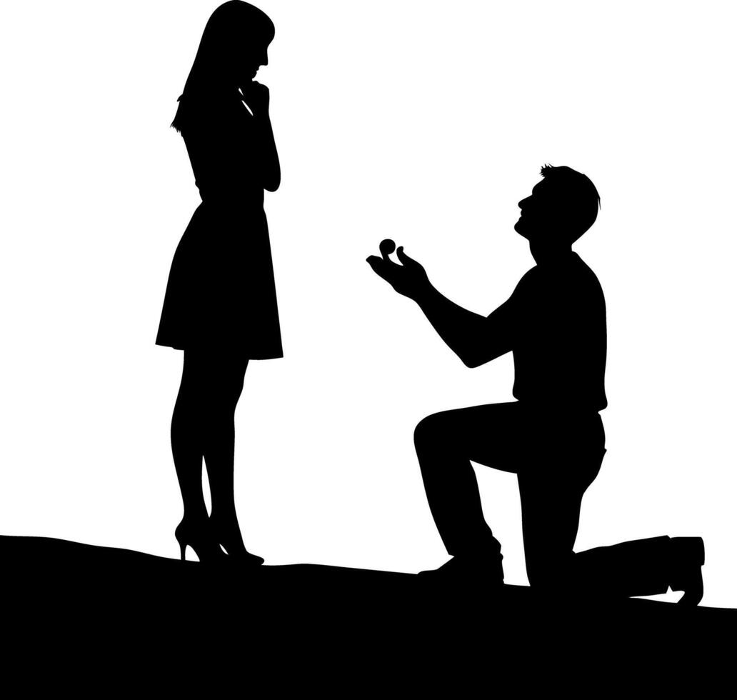 Silhouette of Man Kneeling with Ring Woman Standing on White Background vector