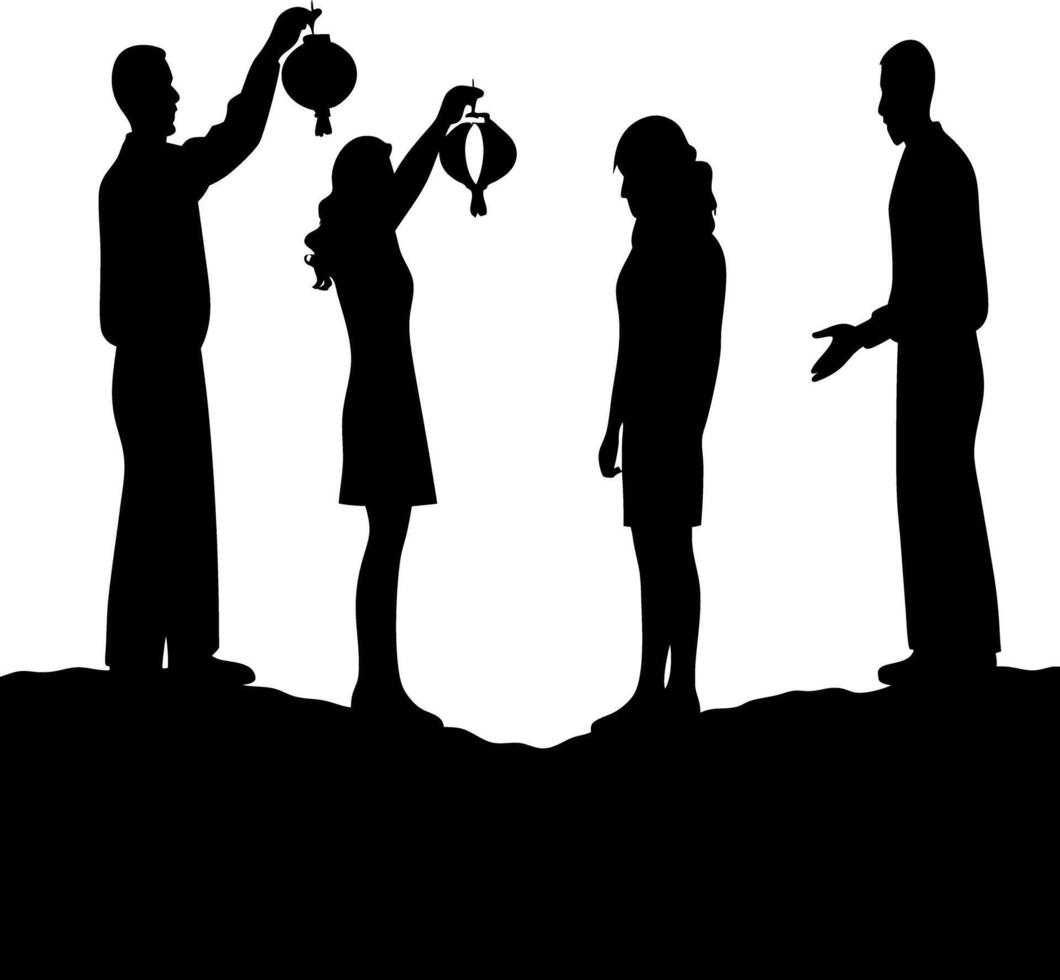 Silhouette of People Holding Lanterns in a Gathering, Outdoor Celebration, Black and White vector