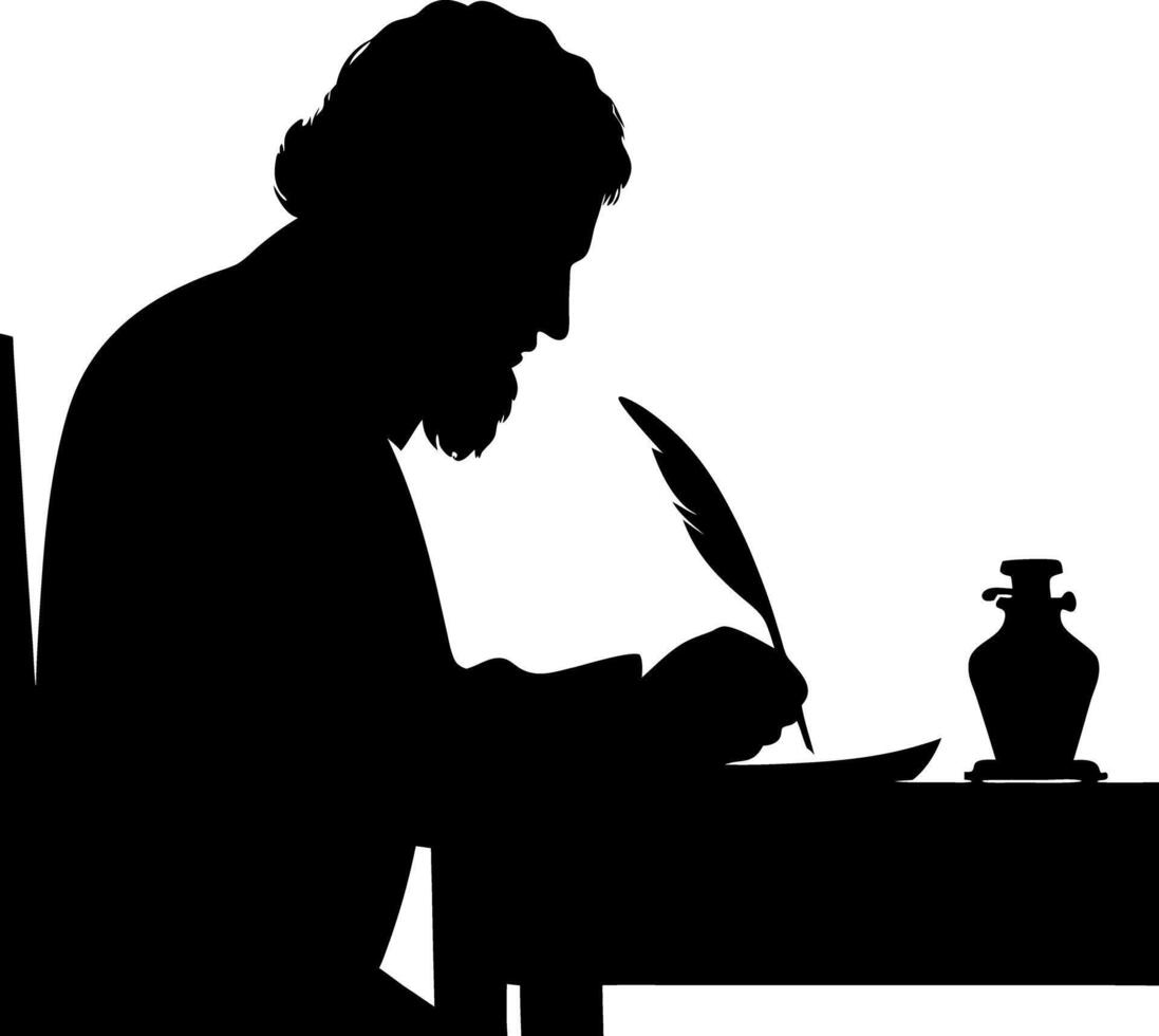 Silhouette Man at Desk Writing with Quill and Inkwell in Black and White Style vector
