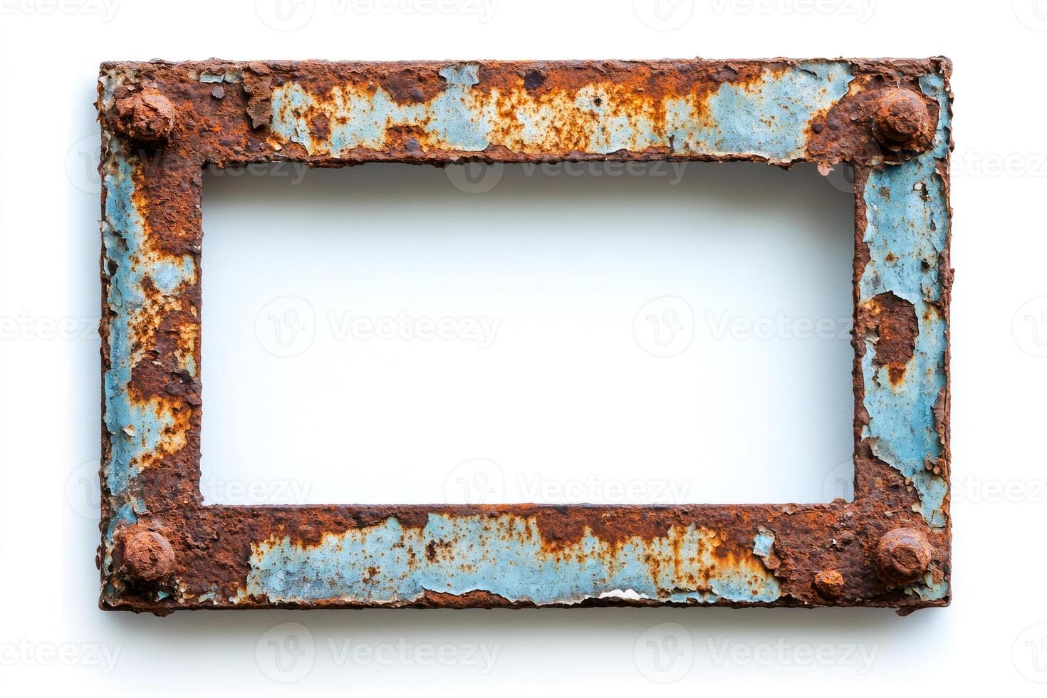 Rusty metal frame showing corrosion and decay on white background photo