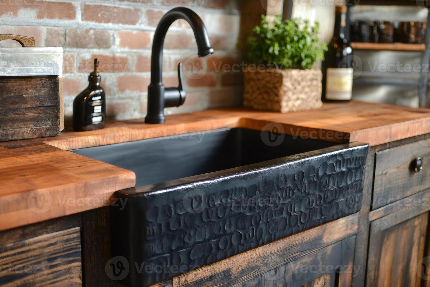 Modern farmhouse kitchen showing butcher block countertops and hammered copper sink photo