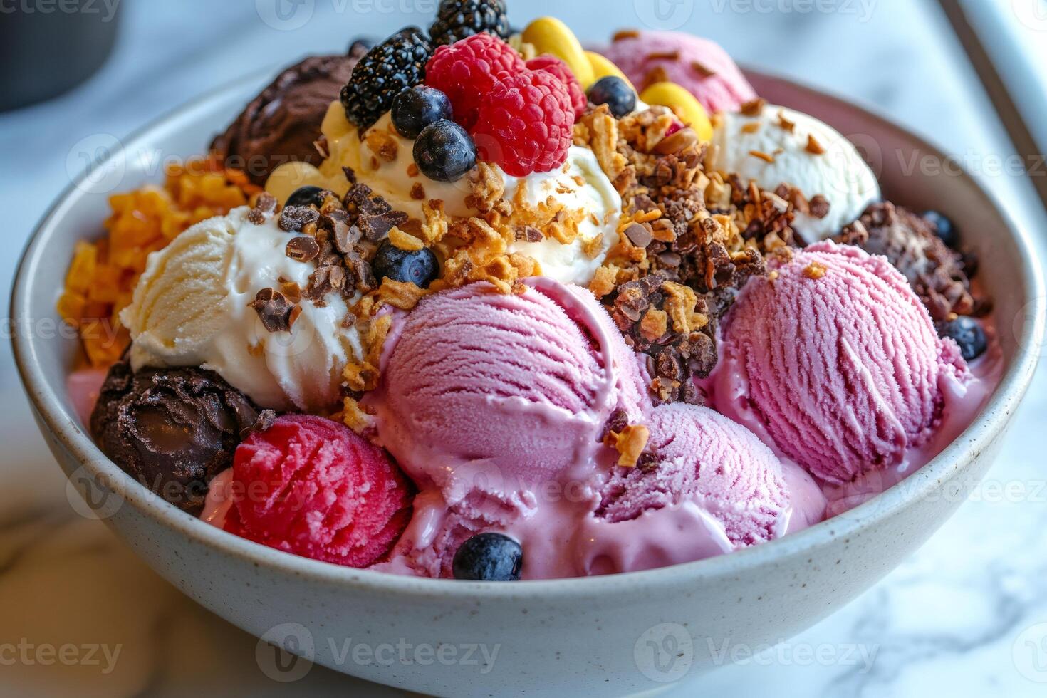 Delicious ice cream sundae with assorted flavors, berries, and toppings enjoying a refreshing treat photo