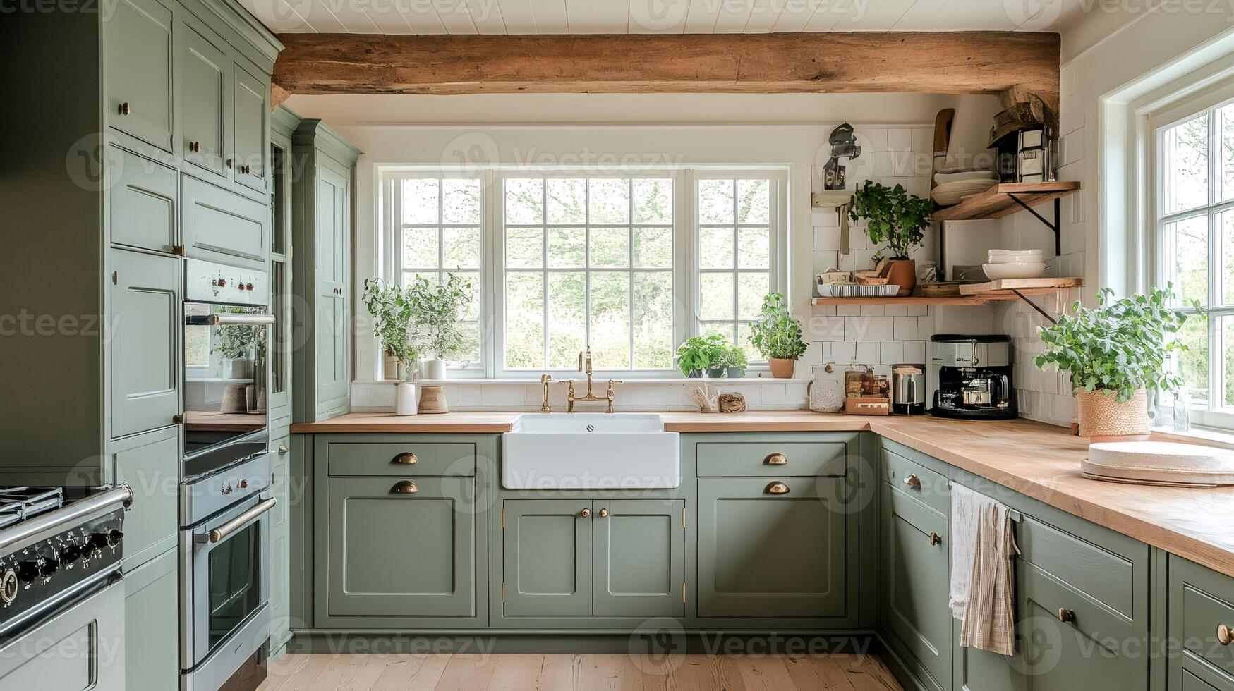Modern farmhouse kitchen boasting green cabinets and wooden countertops photo