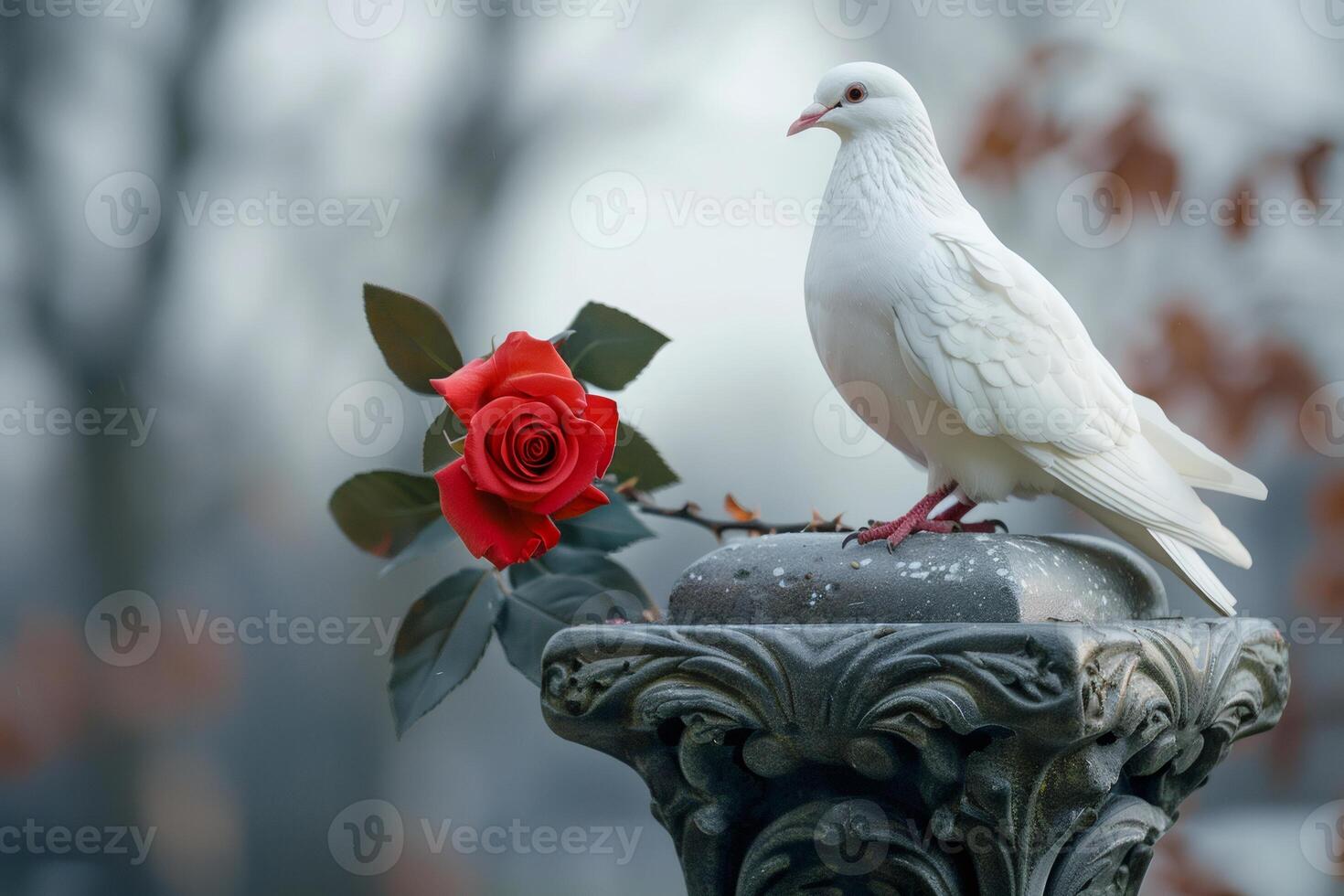 White dove perched on stone pedestal with red rose, symbol of love and peace photo