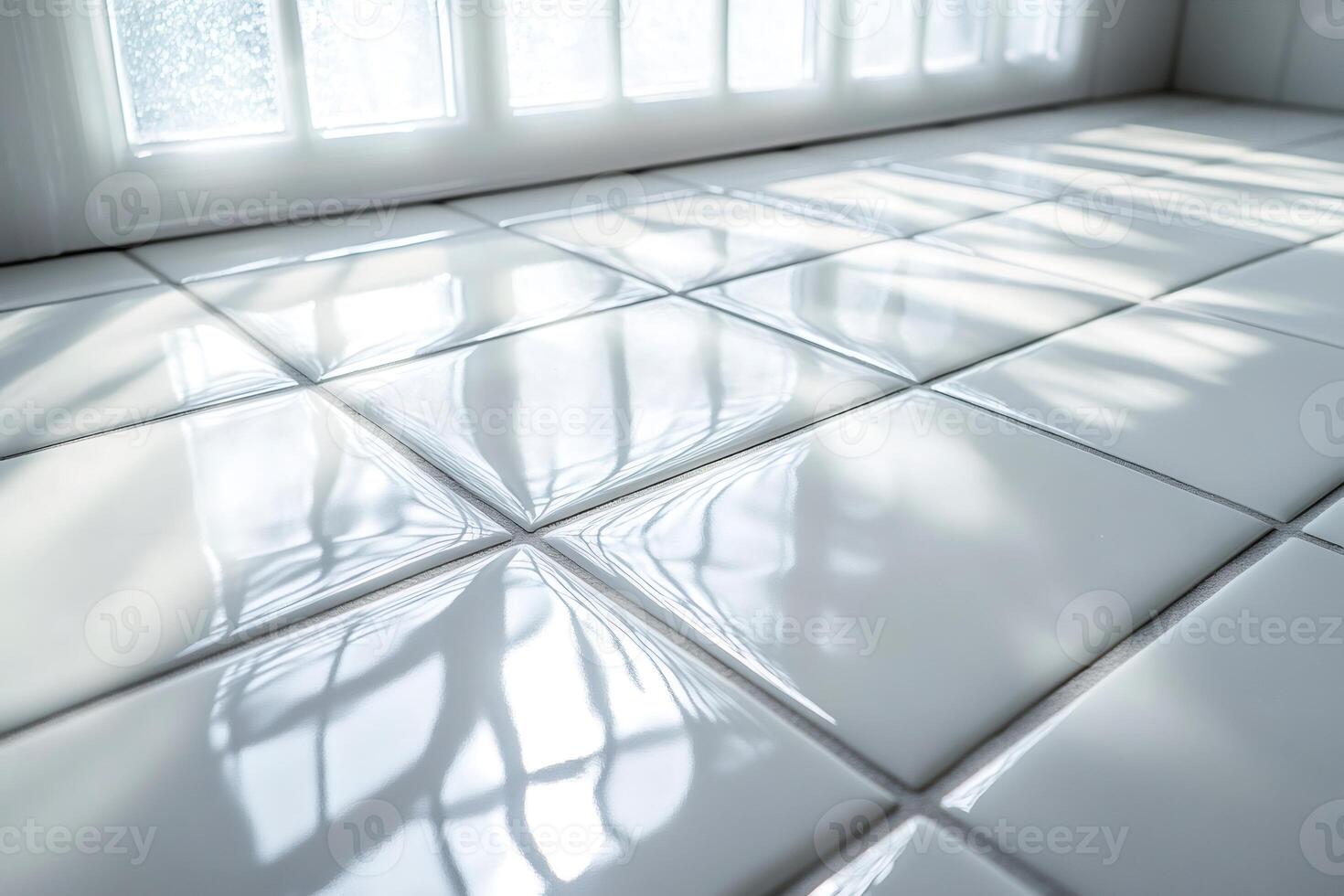 Sunlight reflecting on glossy white square tiles by window photo