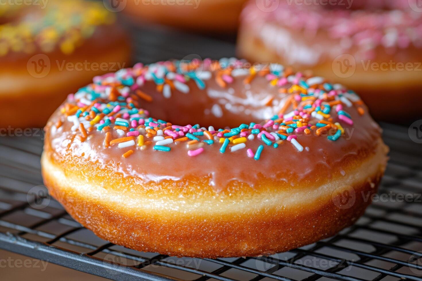 Delicious donut with pink frosting and colorful sprinkles cooling on a wire rack photo