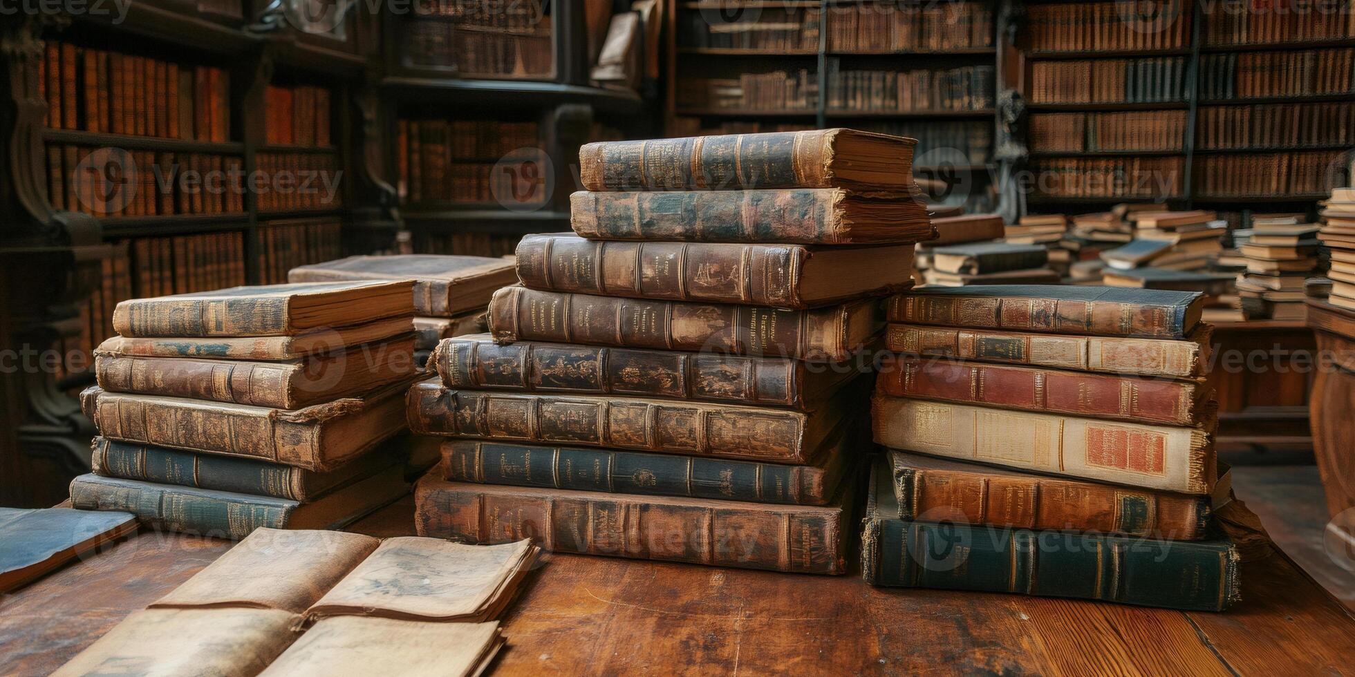 Stacks of old books showing centuries of history in a library photo