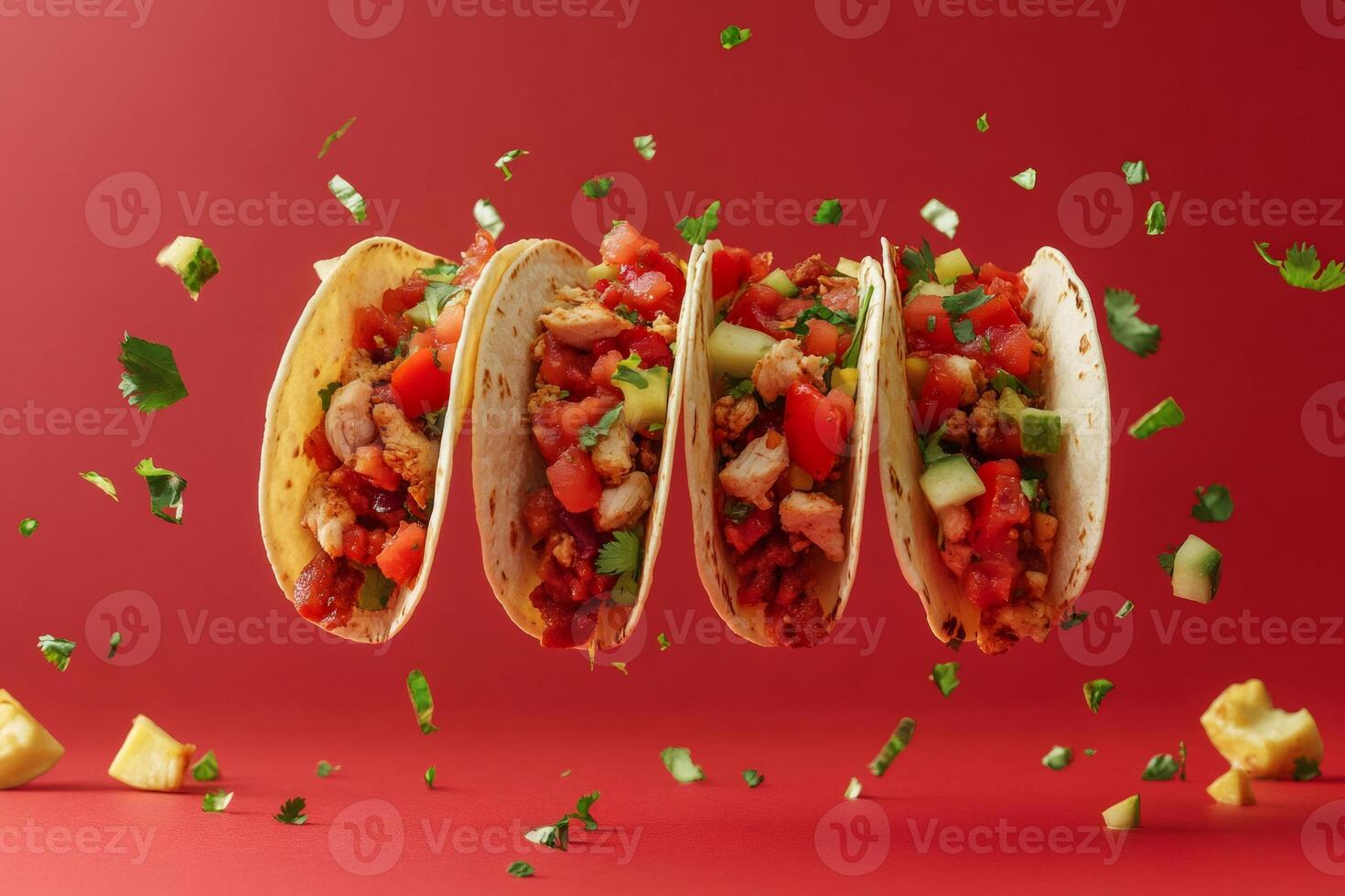Four delicious tacos floating on a red background with falling ingredients photo