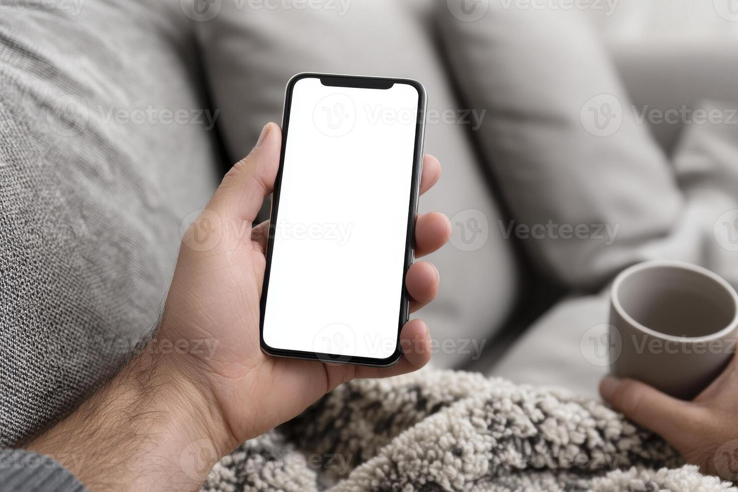 Person on Couch Using Phone With Blank Screen photo
