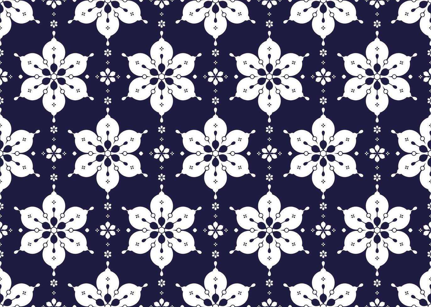 ethnic fabric seamless pattern luxury style with white flowers on a dark blue background. design for cloth, carpet, batik, wallpaper, wrapping etc. vector