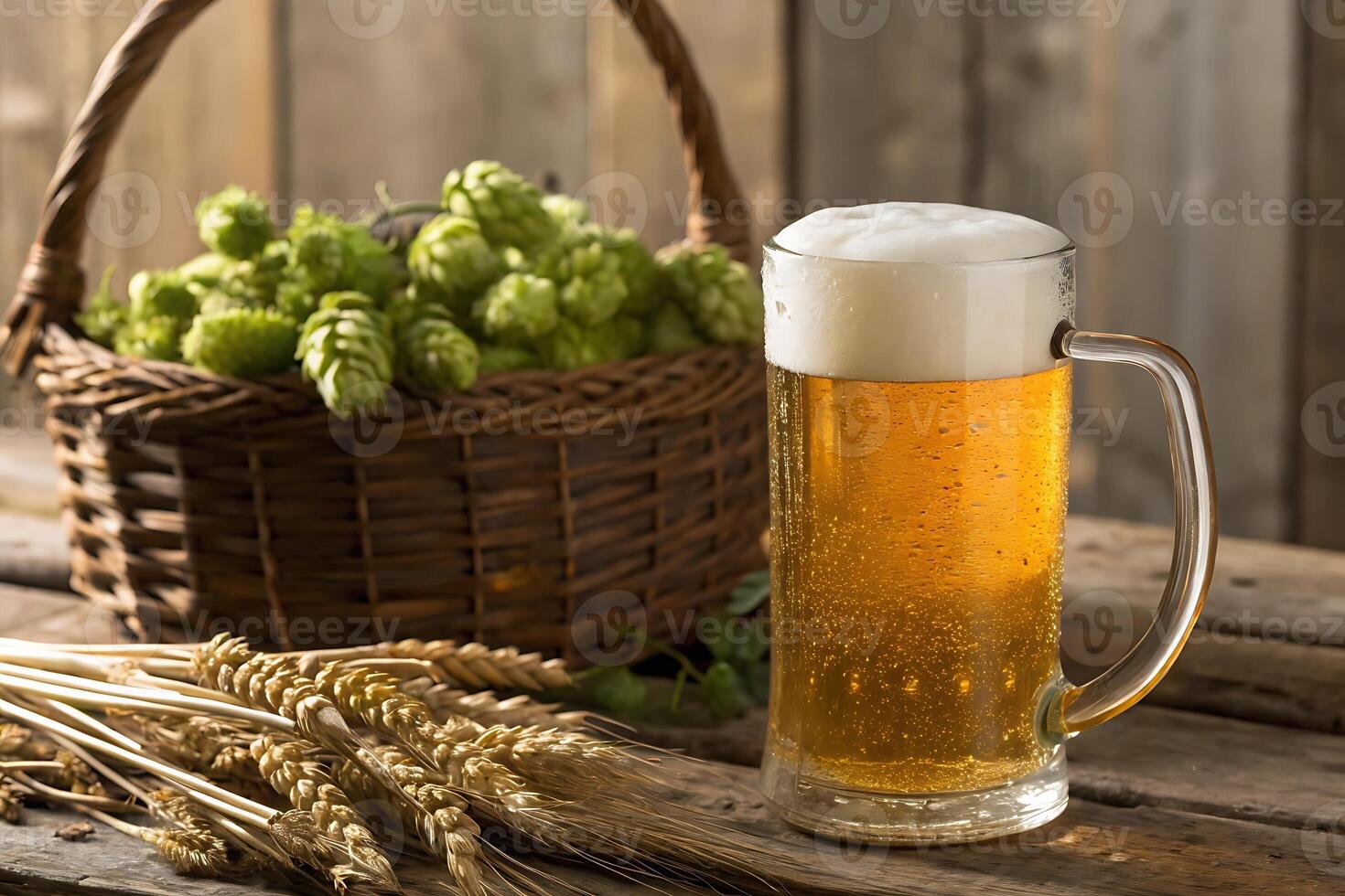 Fresh Beer Mug with Hops and Wheat photo