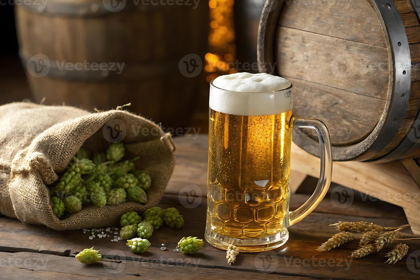 Fresh Beer Mug with Hops and Wheat Photo