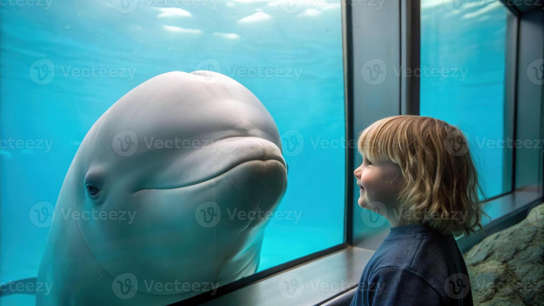 Interactive moment with a beluga whale aquarium child's expression underwater environment close-up view marine connection photo