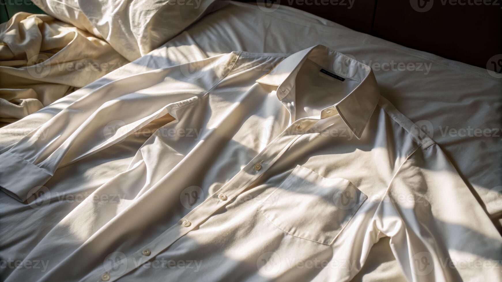 Morning light drip on a crumpled white shirt crease unmade bed soft home environment close-up concept photo