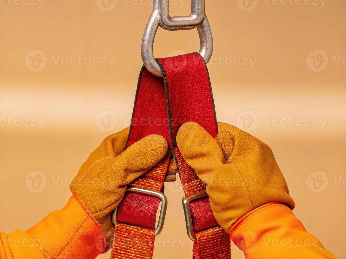 Industrial tug of gloved hands on heavy-duty strap in studio setting highlighting safety procedures photo