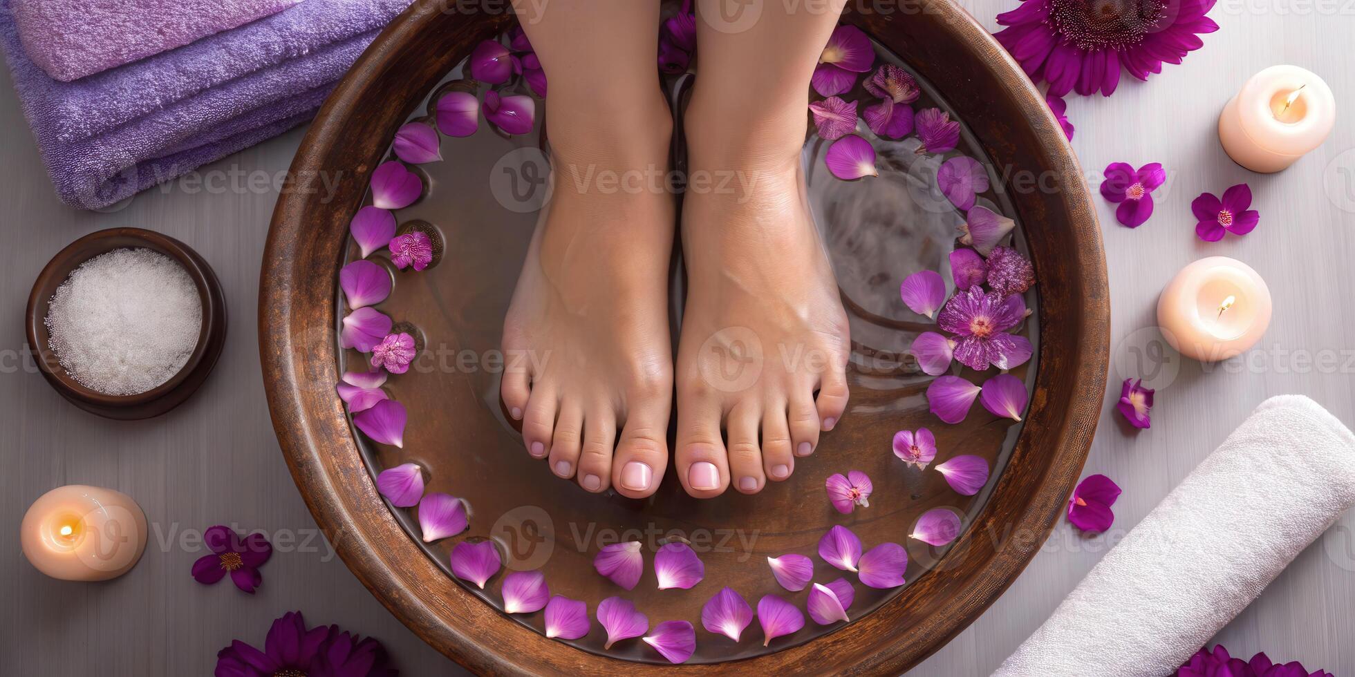 Relaxing spa experience artistic overhead view purple petals and water wellness retreat serene environment toe dipping photo