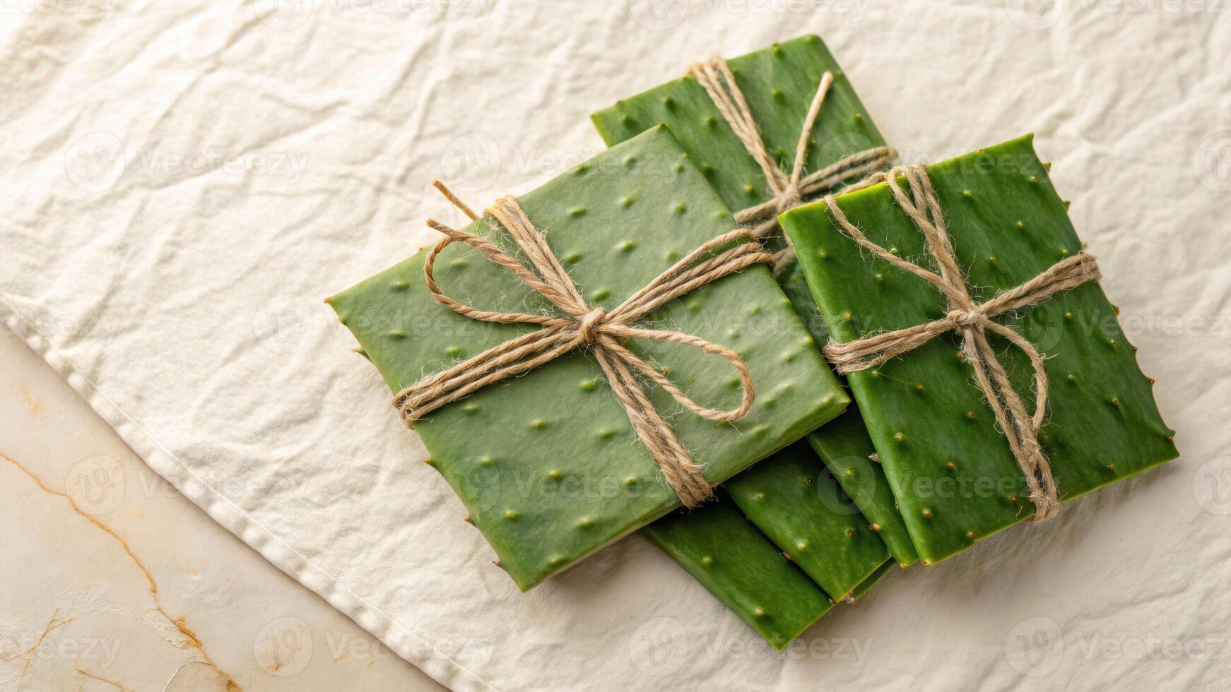 Organic nopal pads bundle textured cream background high-end branding natural environment modern viewpoint photo