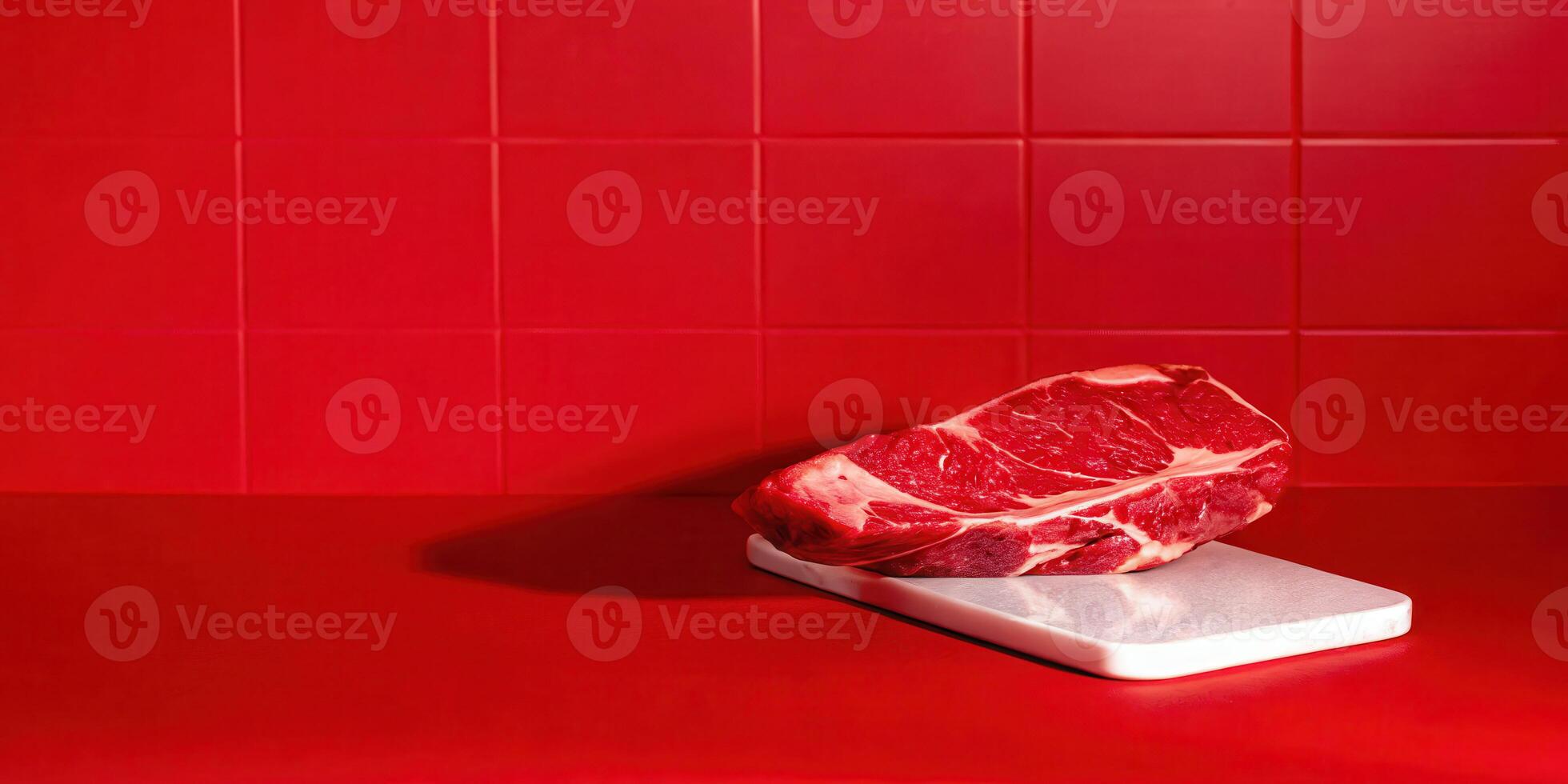 Meat slip accident raw steak falling on kitchen floor closeup view of textured tiling photo