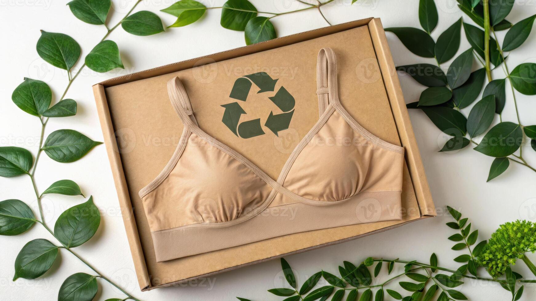 Ecofriendly brassiere product displayed on recycled box surrounded by green leaves in a nature-inspired environment photo