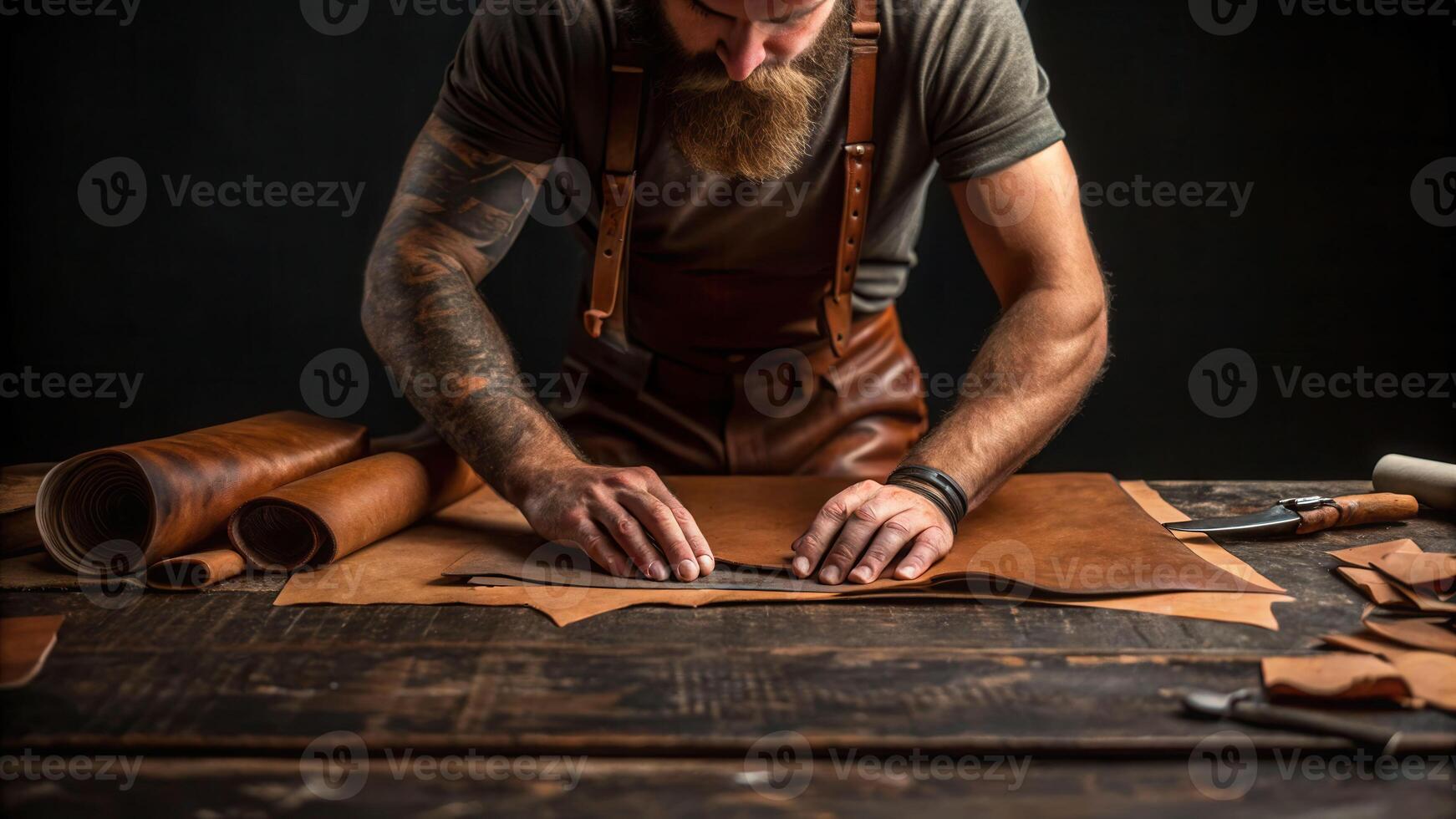 Craftsman cutting raw leather veins in a rustic workshop detailed artistry close-up perspective photo