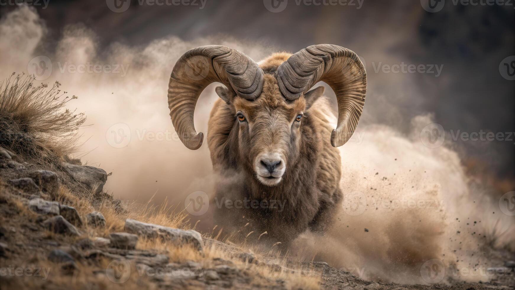 Wild ram displays territory by digging horn into dusty dirt mountain landscape nature scene powerful viewpoint photo