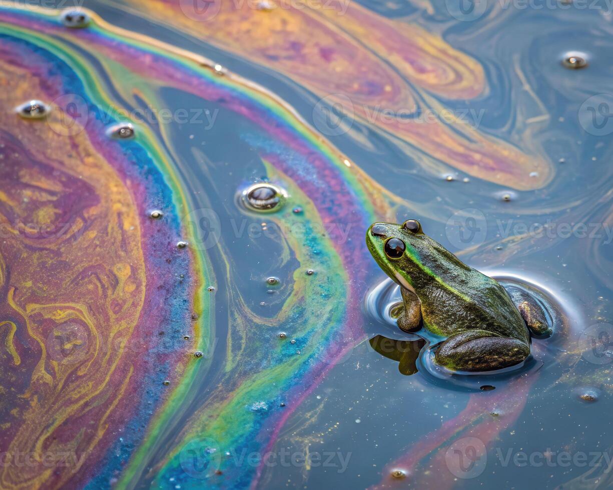 Frog surrounded by multicolored oil slicks on water abstract reflections nature unique overhead view photo