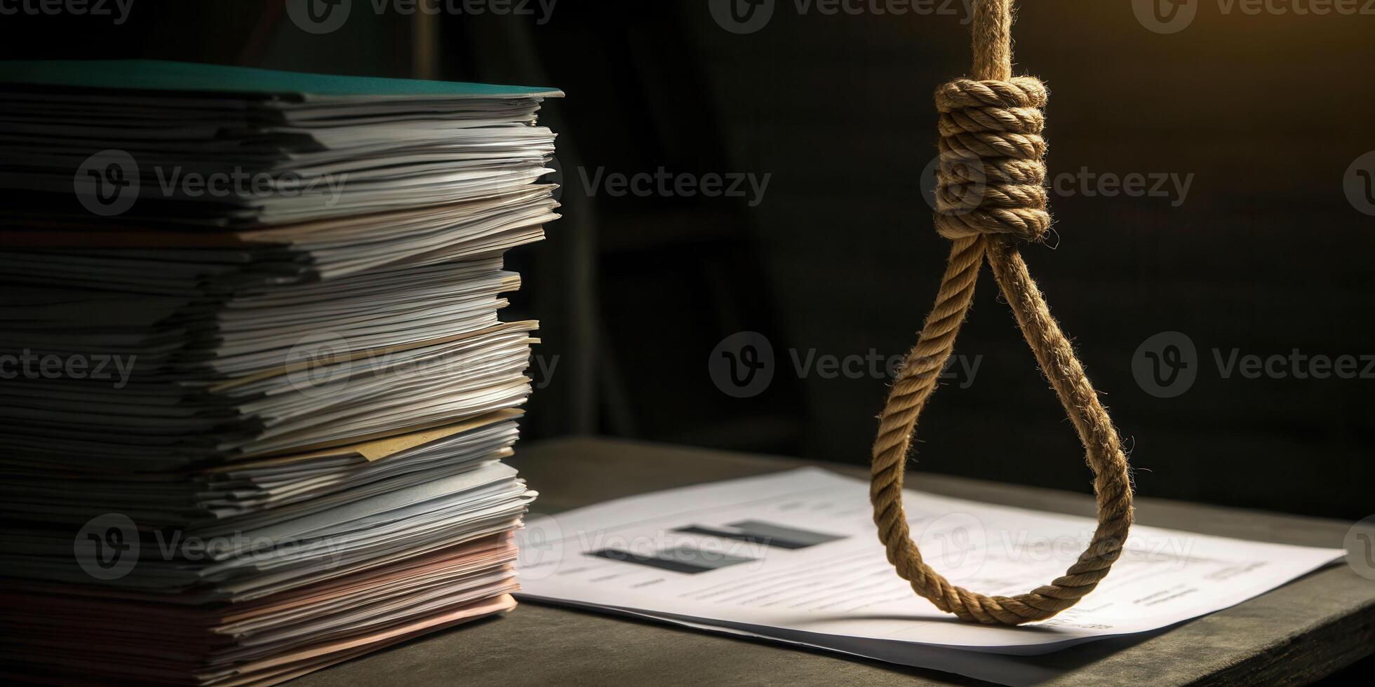 Financial strain nooselike tie symbolizing debt next to pile of paperwork in dark office environment photo