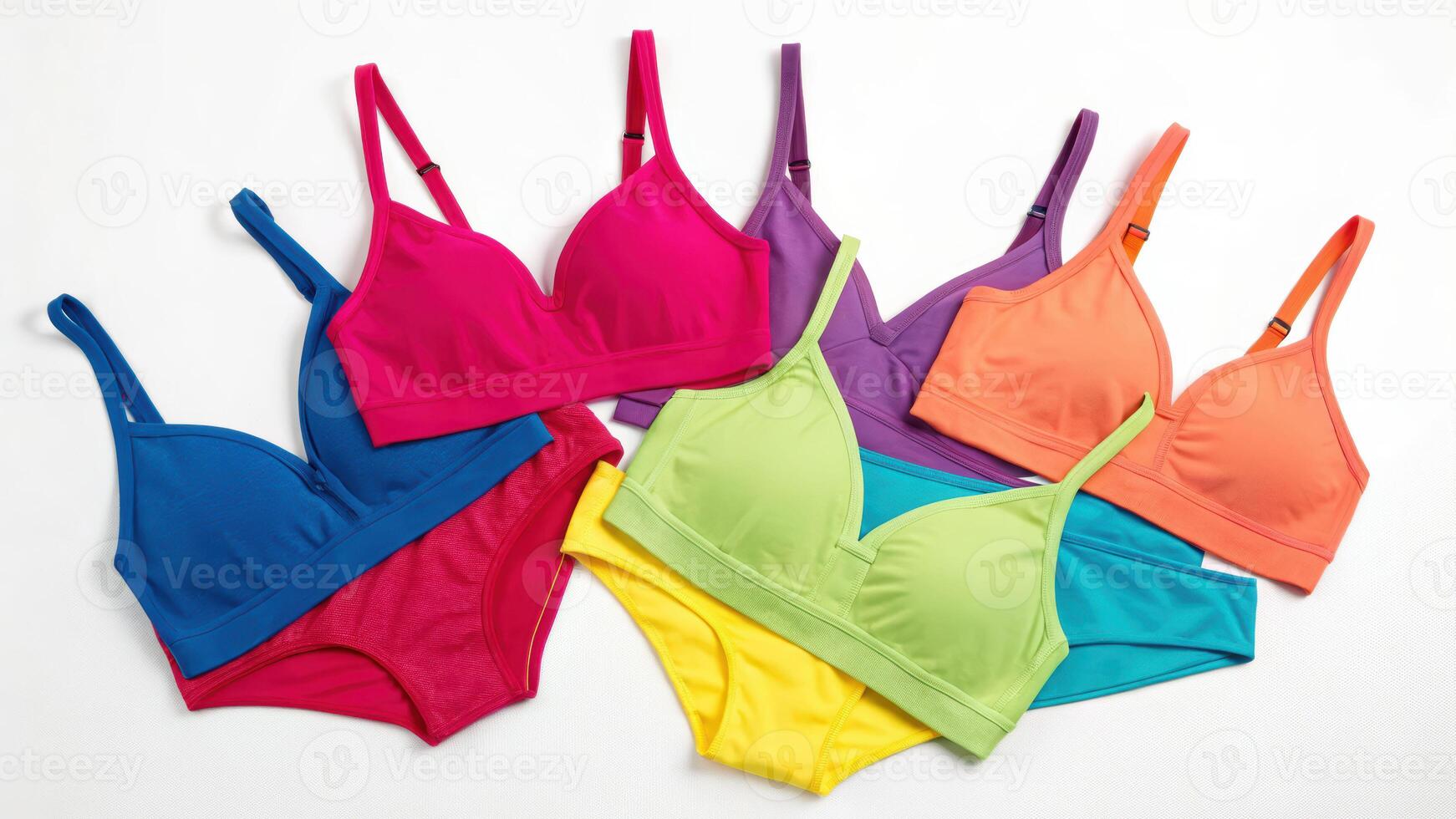 Vibrant brassiere set displayed with matching panties solid background fashion showcase colorful appeal photo