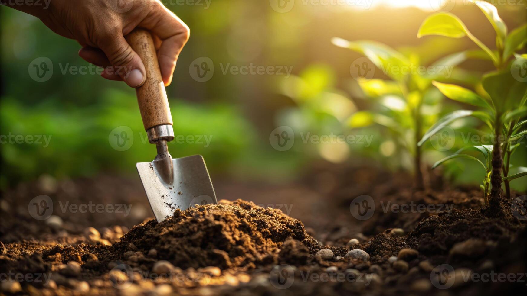 Gardening action hand digging into moist dirt with cork trowel natural light closeup view of soil texture photo