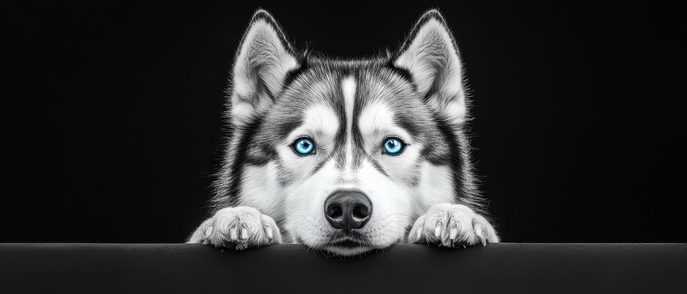 Adorable siberian husky dog peeking over a surface studio setting portrait photography low angle curious expression photo