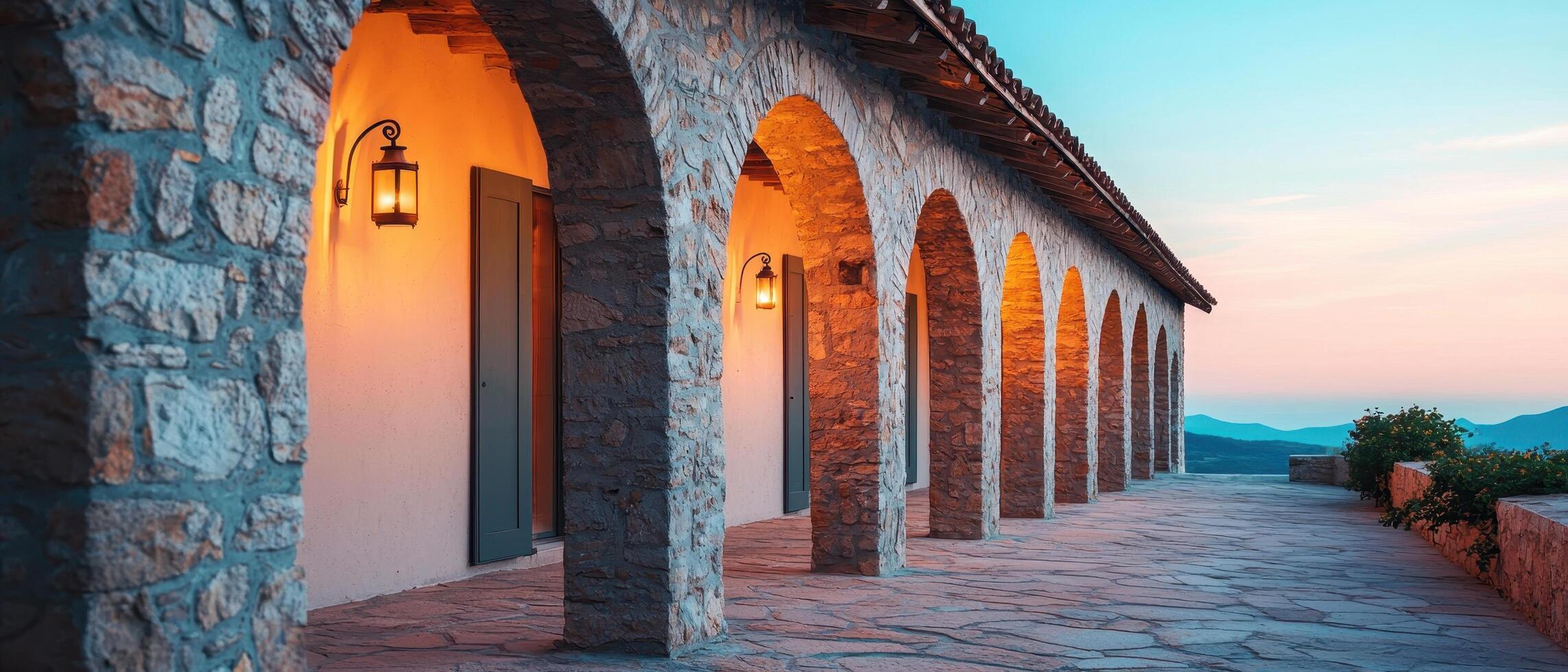 Beautiful evening walkway with arched stone columns serene landscape architectural photography tranquil environment photo