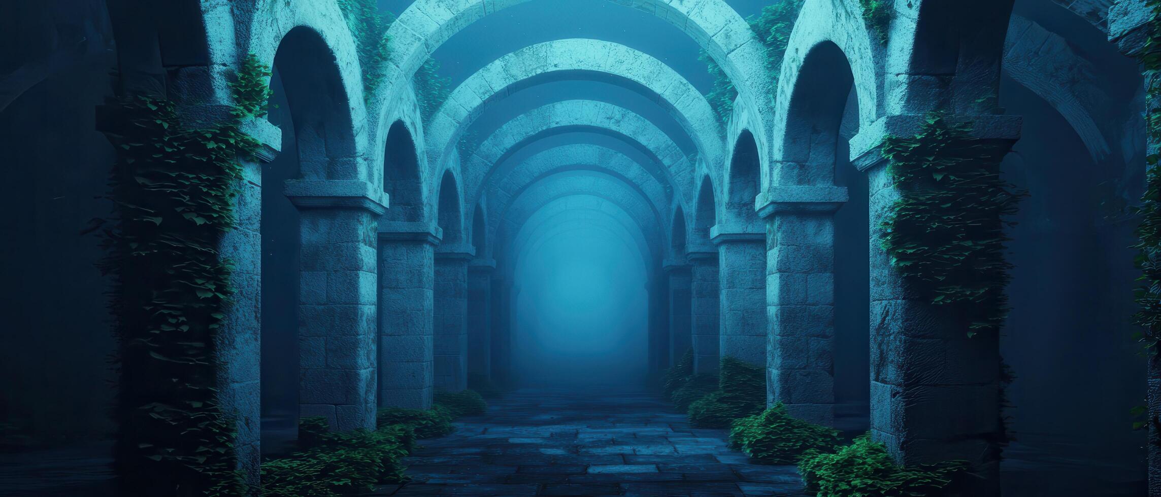 Exploring mysterious underwater ruins abandoned submarine structures digital art enigmatic atmosphere wide angle view photo