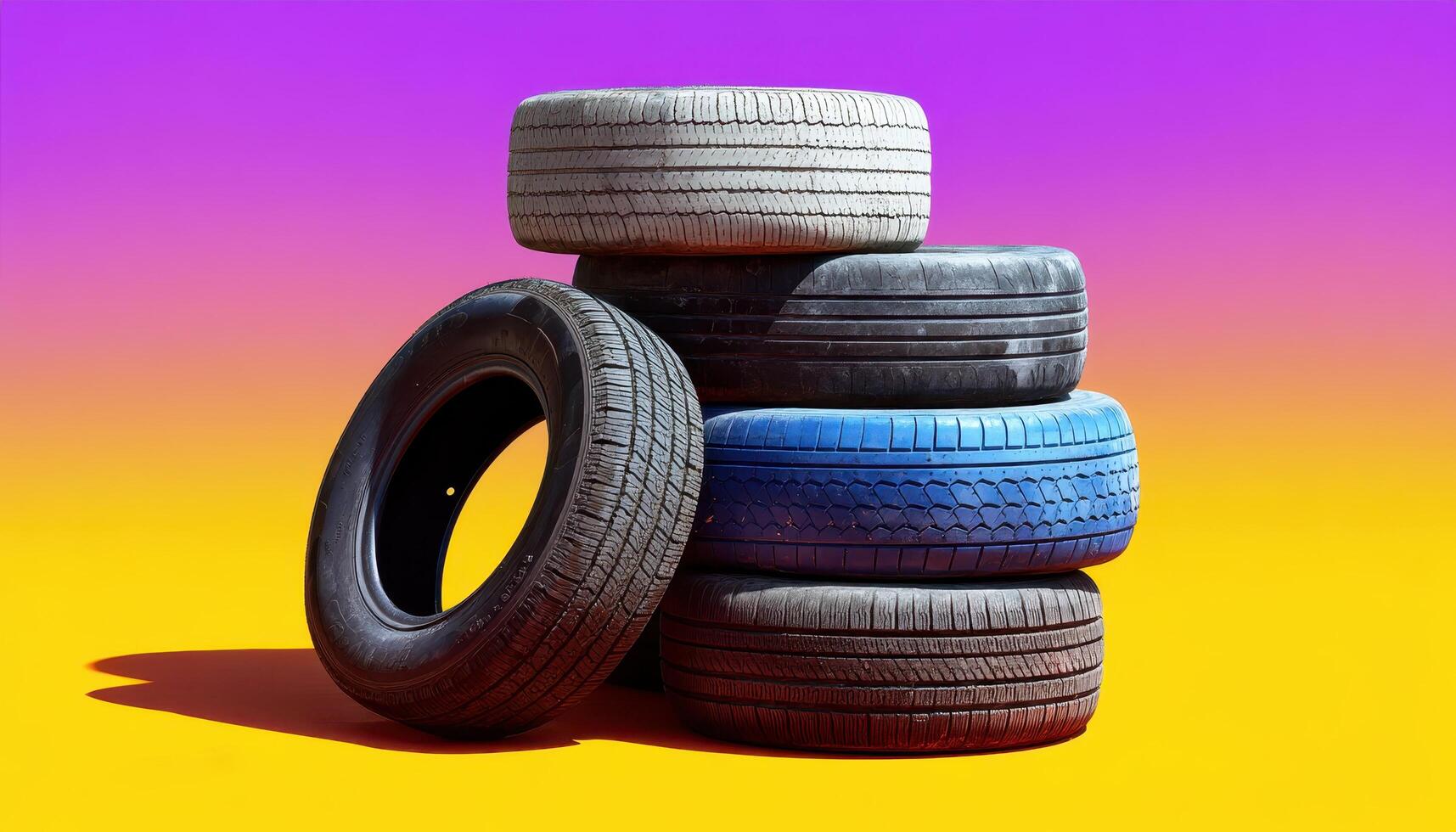 Stacked tires for sale urban marketplace product photography vibrant background close-up shot automotive concept photo