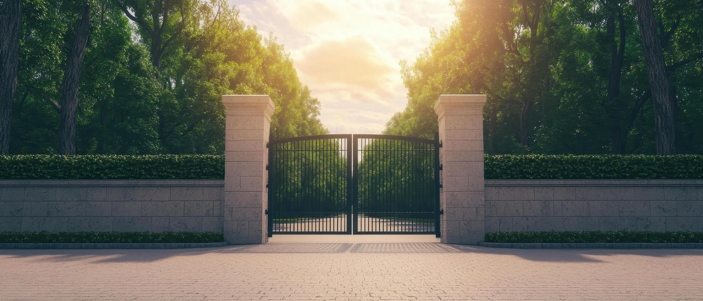 Gates opening to tranquil garden path serene nature setting inviting peaceful retreat photo