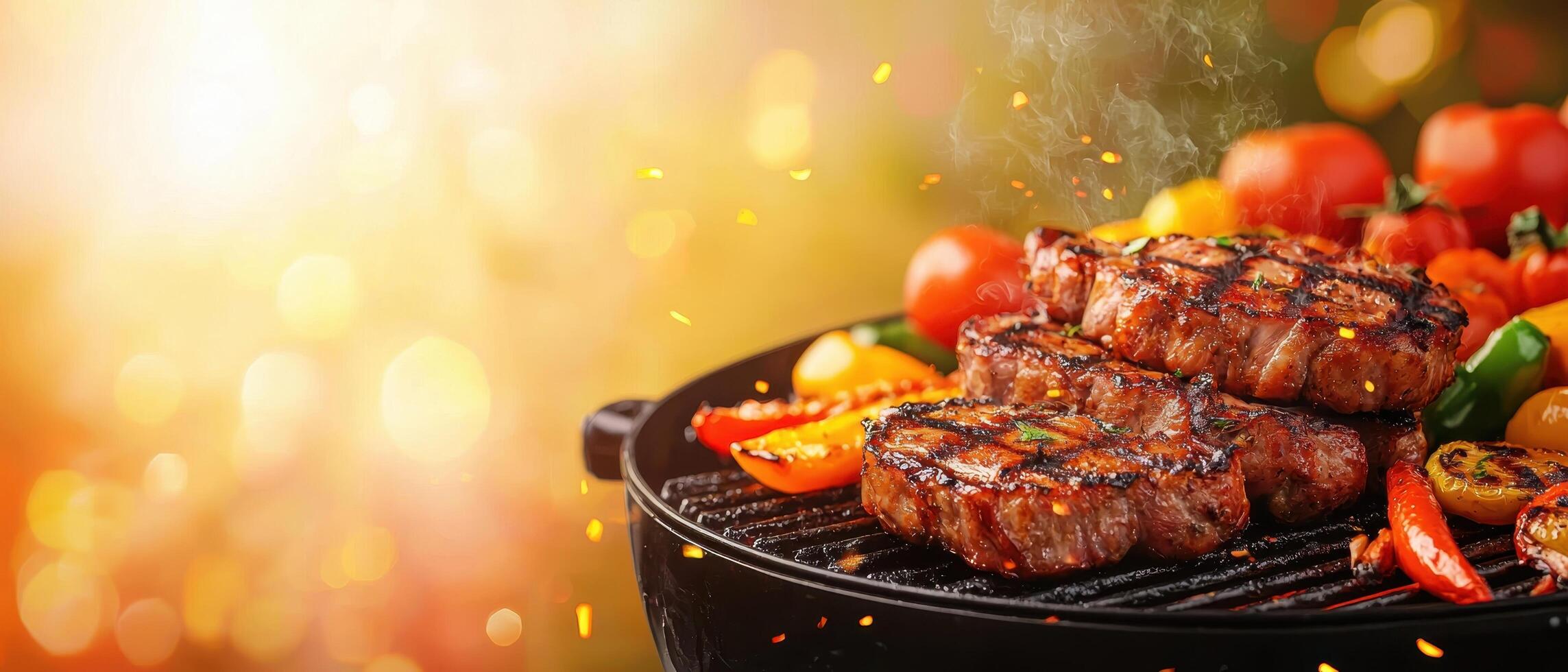 Grilling juicy steaks and fresh vegetables backyard food photography summer evening close-up culinary delight photo