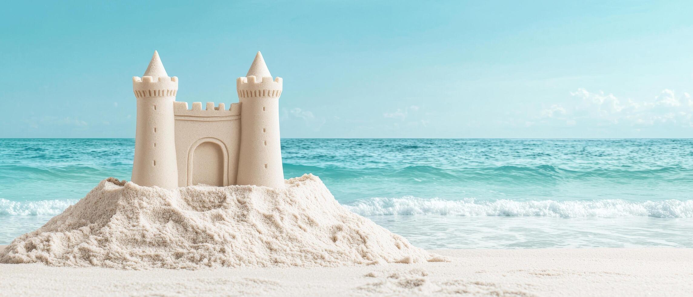 Building a sandcastle at the beach a relaxing coastal scene with waves and sunshine photo