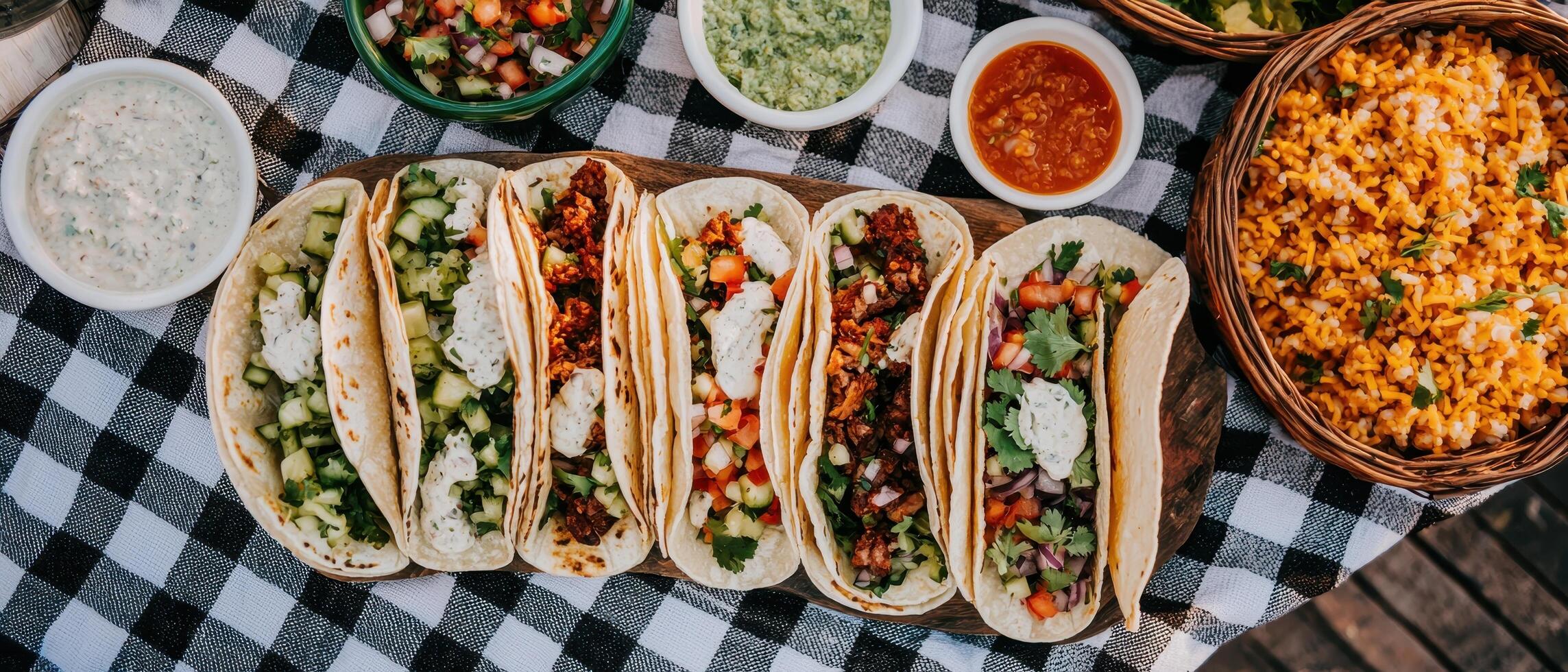 Taco feast celebration local food market culinary event urban setting overhead view gastronomic delight photo