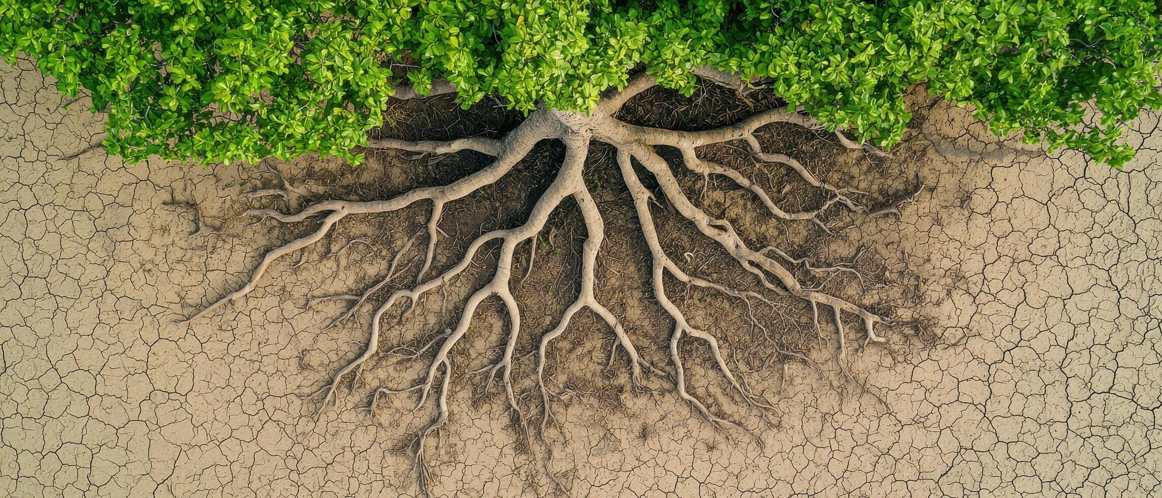 Drought impact on tree roots dry landscape aerial view environmental awareness photo