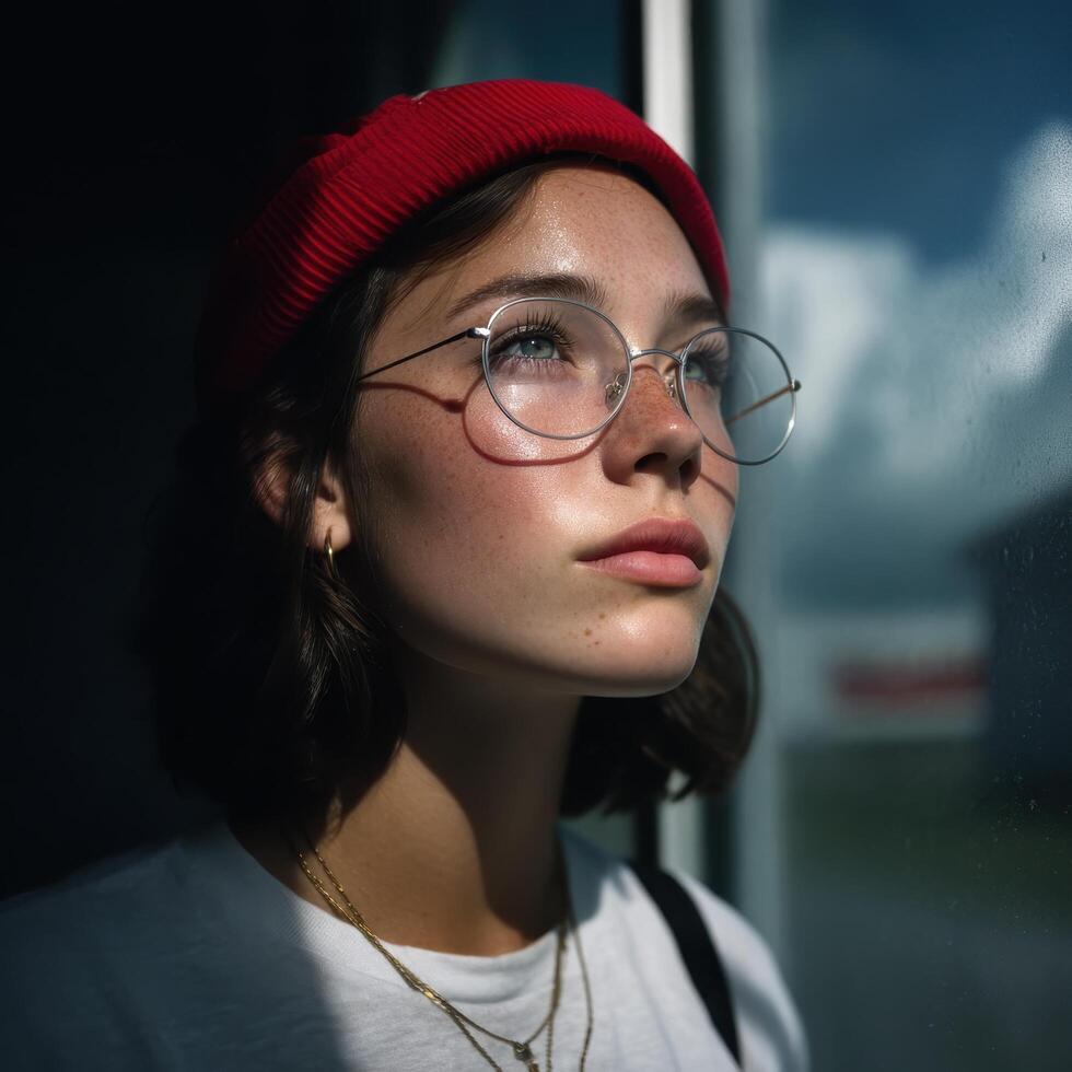 Contemplative moment young woman in urban setting portrait photography natural light thoughtful expression photo