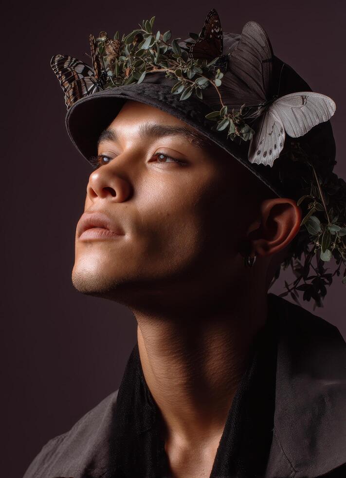 Fashion portrait of a model with nature-inspired accessories studio setting artistic concept photo