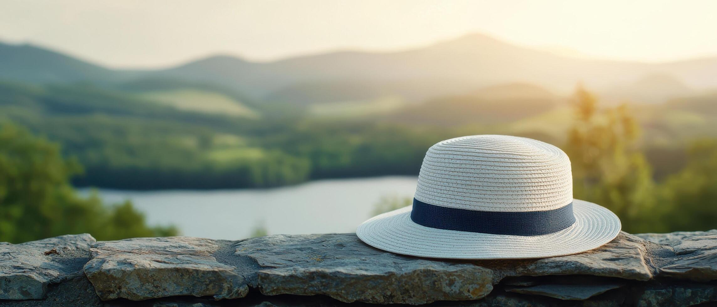 Relaxing hat on stone wall overlooking scenic lake and mountains tranquil nature landscape photo