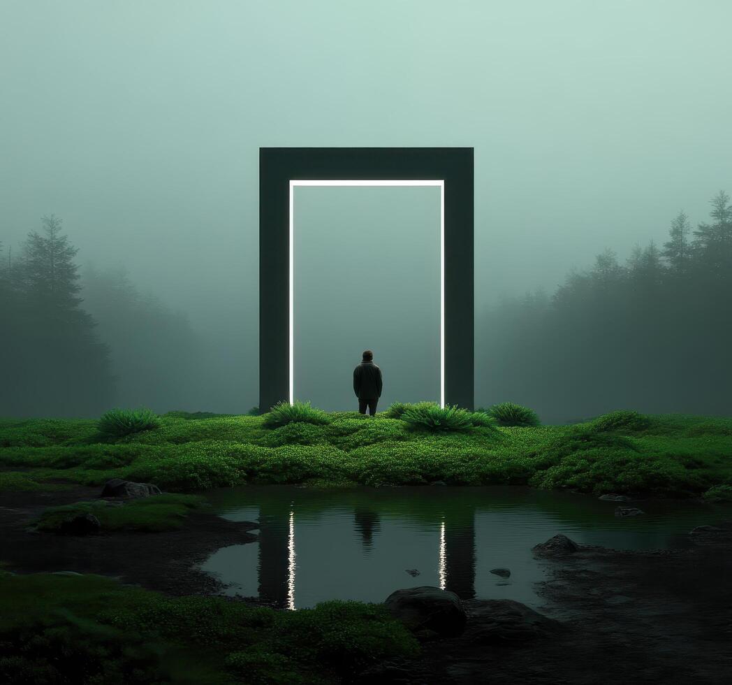 Mysterious doorway in foggy forest nature scene surreal environment perspective and reflection photo