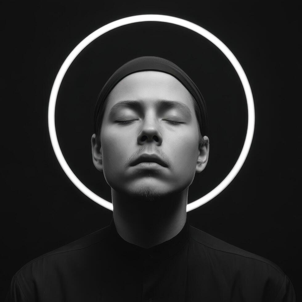 Contemplative portrait of a young man with halo studio setting black and white artistic viewpoint photo