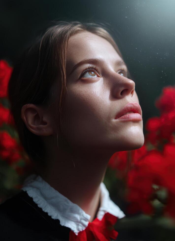 Captivating portrait of a thoughtful woman surrounded by red flowers in a serene garden setting photo