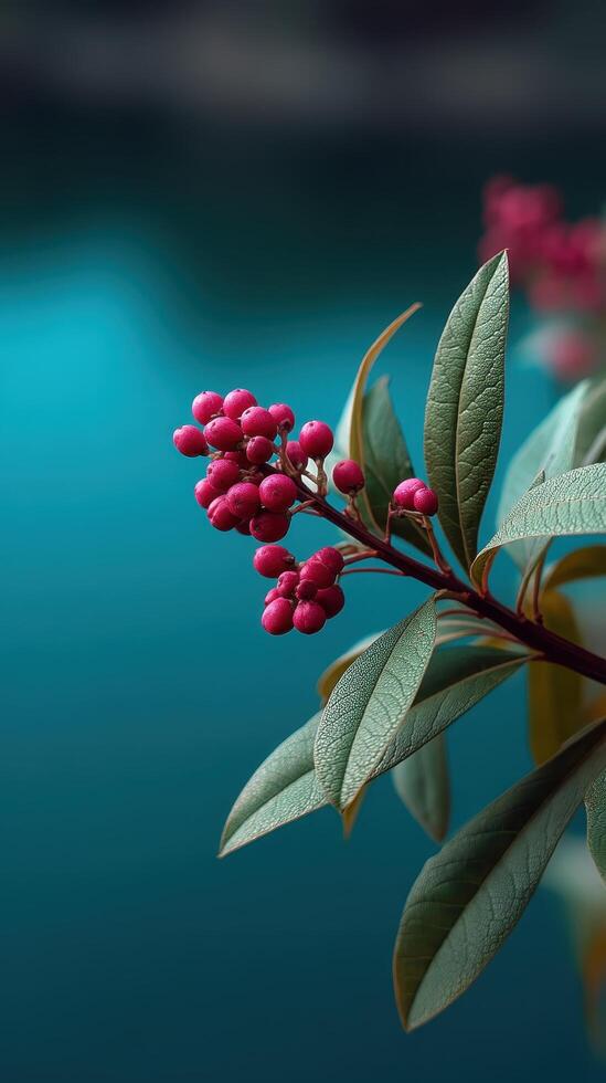 Close-up of pink berries on green leaves by tranquil water nature photography serene environment photo