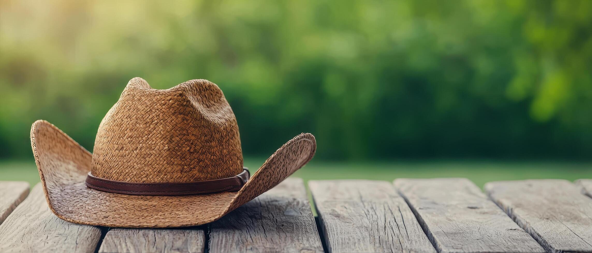 Relaxing outdoor scene featuring a straw hat on wooden table nature background calm environment photo